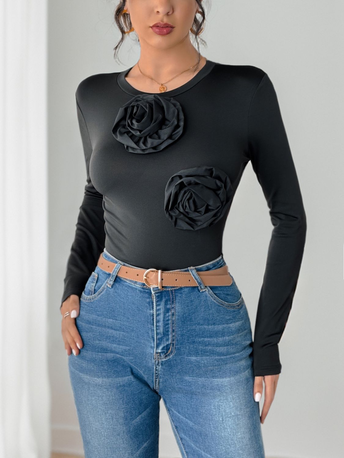 Flower Round Neck Long Sleeve Bodysuit