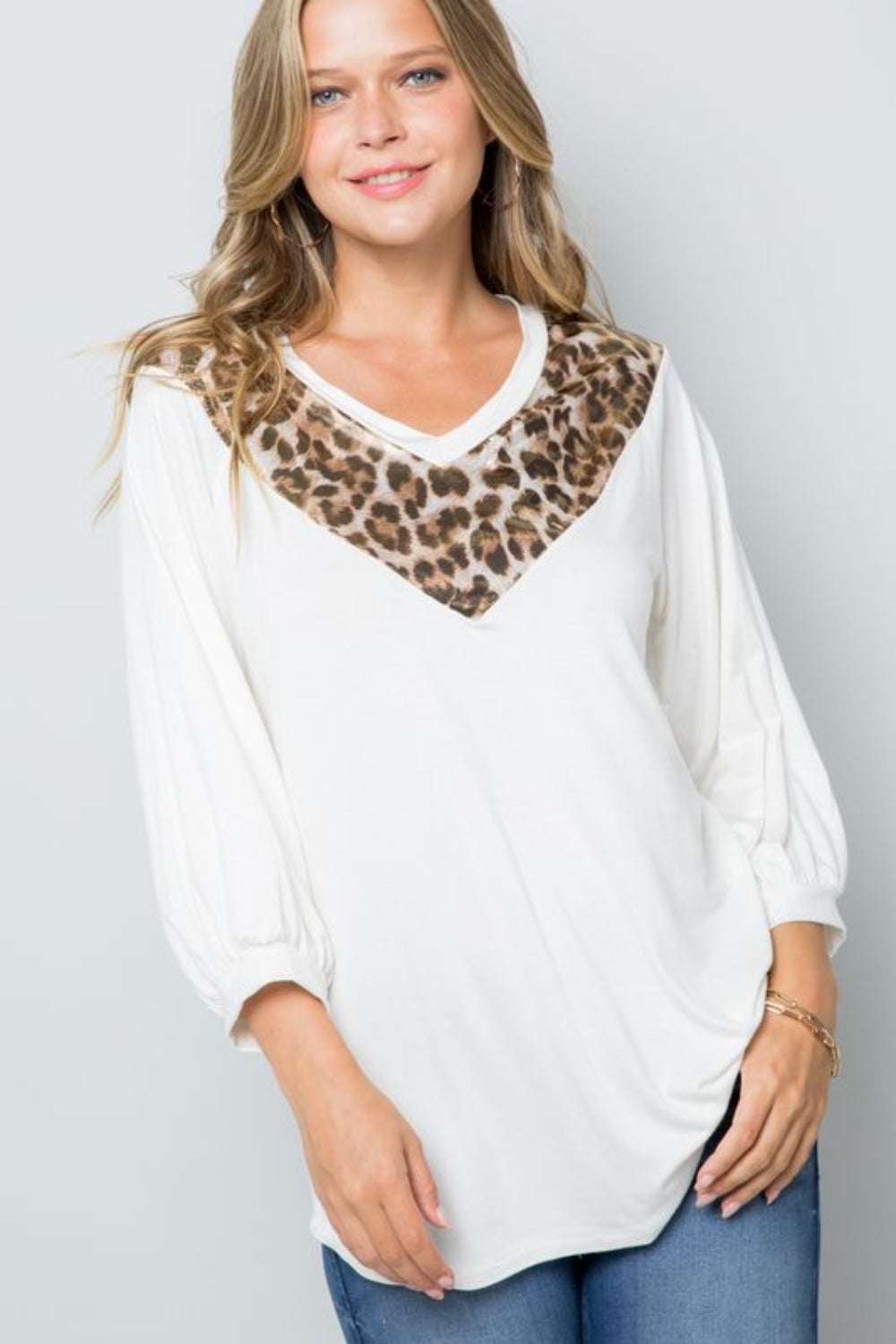 Leopard Contrast Balloon Sleeve Top