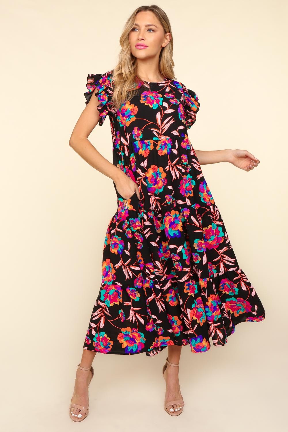 Ruffled Printed Round Neck Cap Sleeve Dress