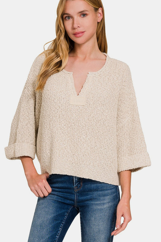 Notched Side Slit Patch Sweater