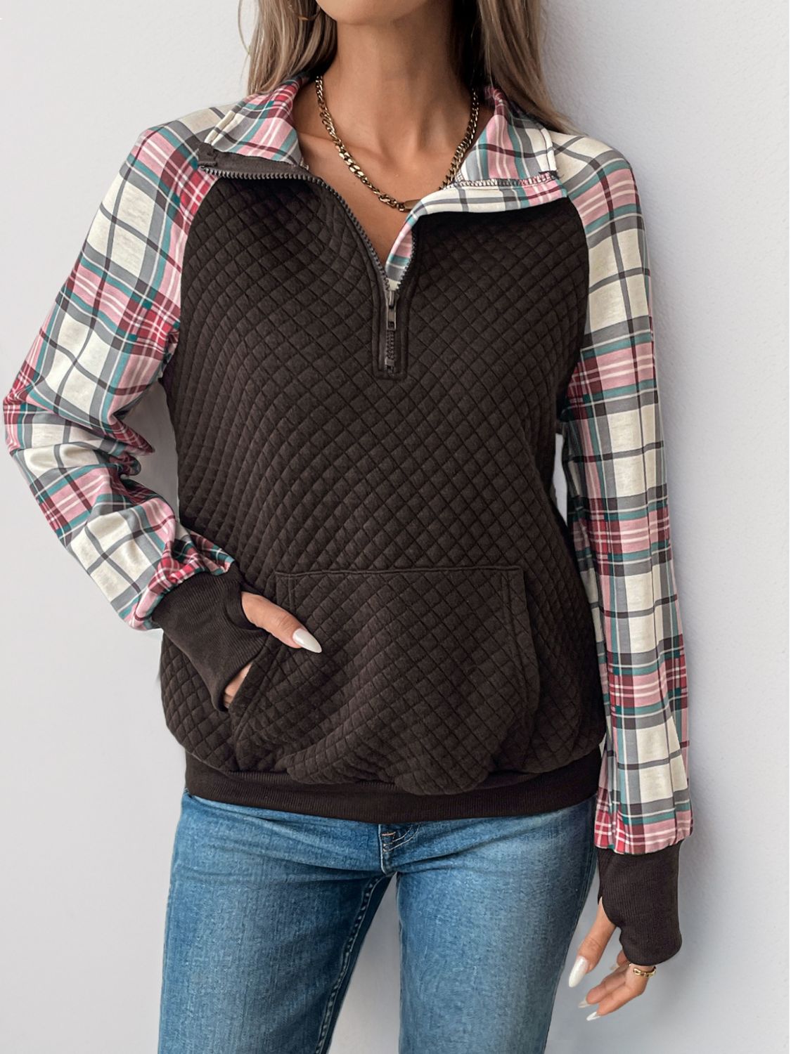 Plaid Half Zip Long Sleeve Sweatshirt