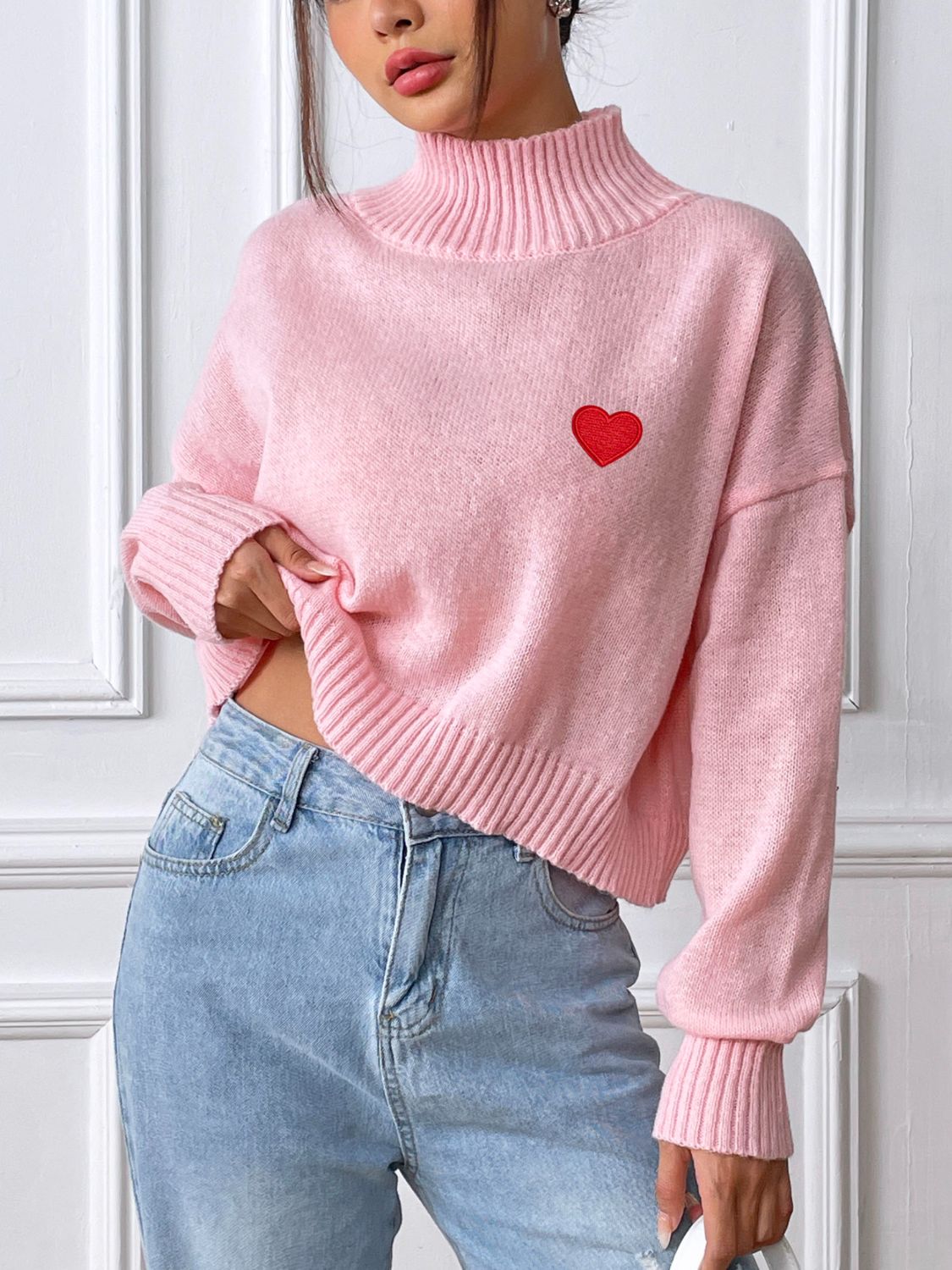 Heart Turtleneck Long Sleeve Sweater