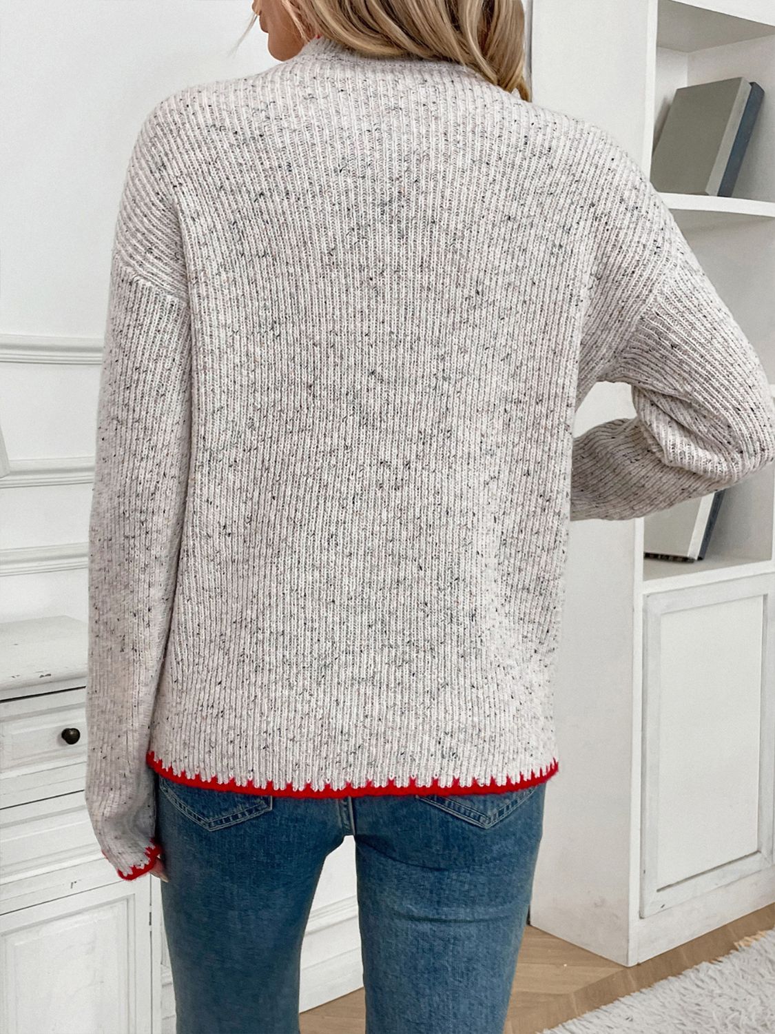 Contrast Heart Round Neck Long Sleeve Sweater