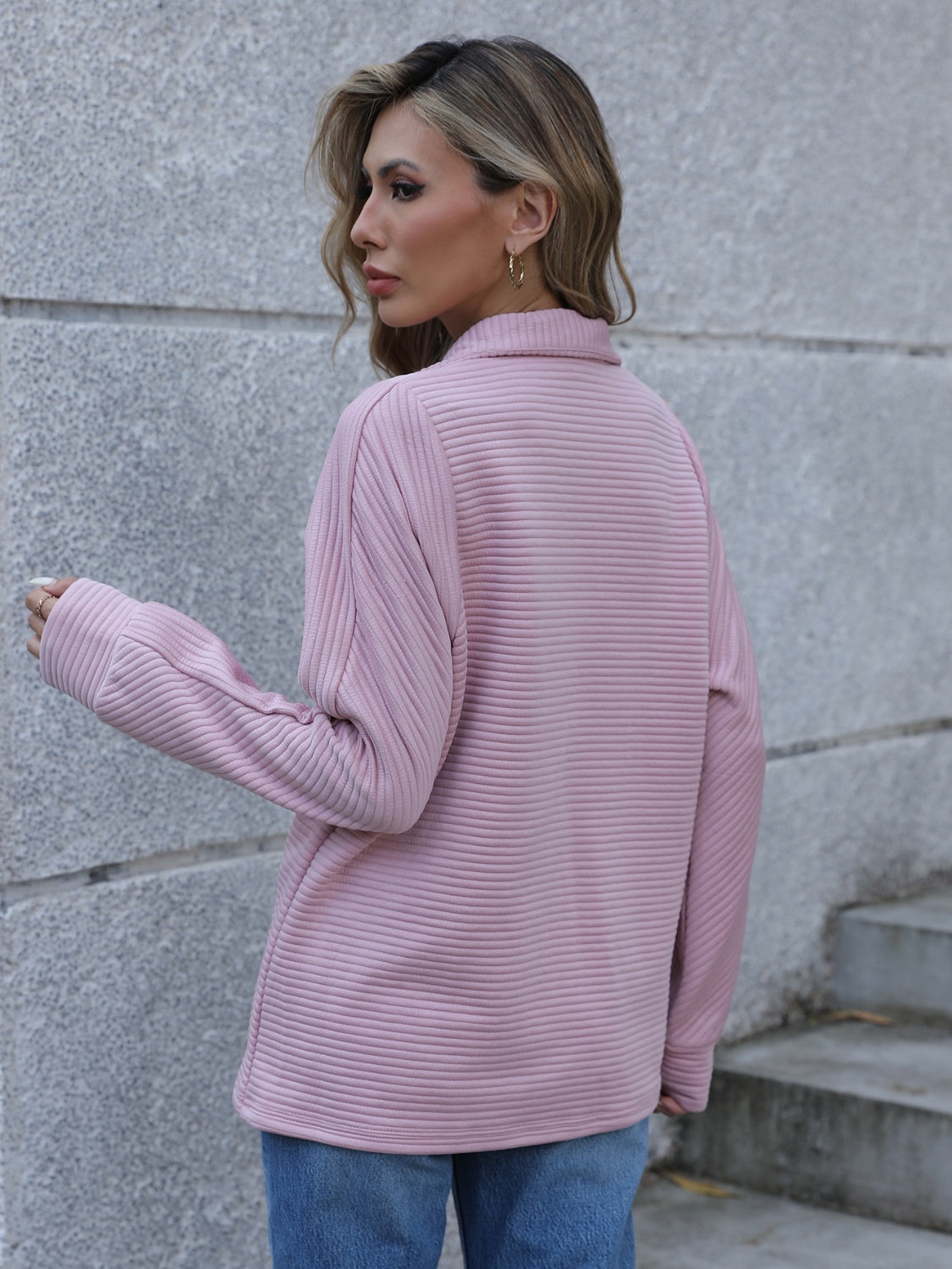 Ribbed Quarter Zip Long Sleeve Sweatshirt