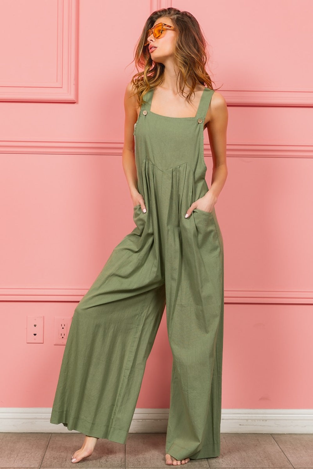 Ruched Wide Leg Overalls with Pockets