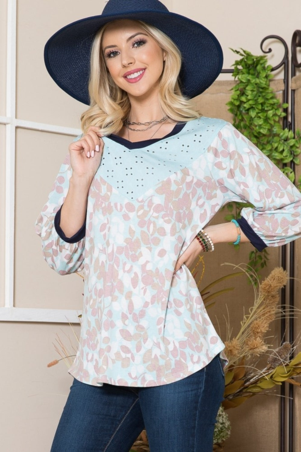 Leaf Print Contrast Trim Balloon Sleeve Top