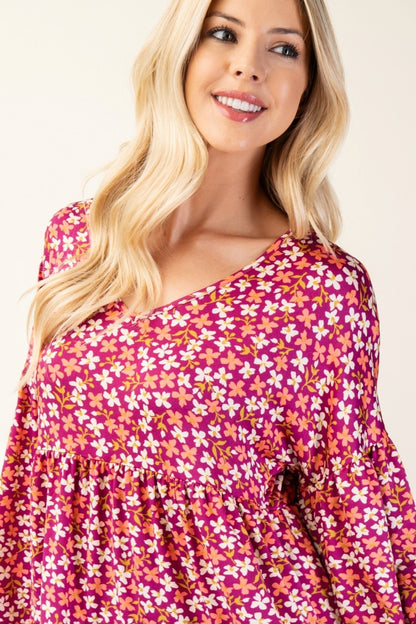 Floral V-Neck Balloon Sleeve Blouse