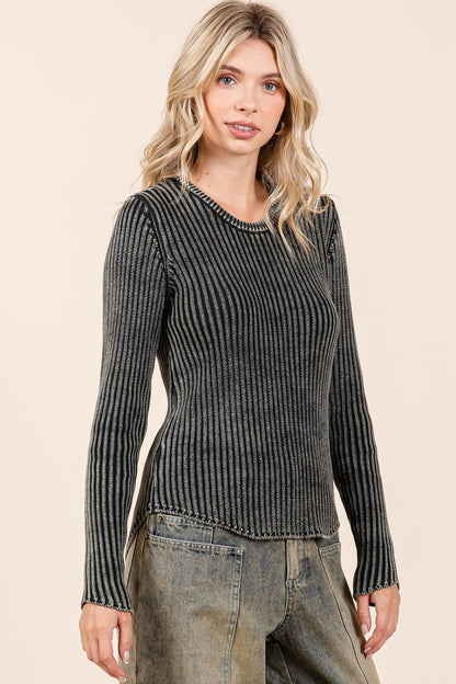 Mineral Wash Fitted Long Sleeve Rib Knit Top