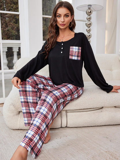 Round Neck Long Sleeve Top and Plaid Pants Lounge Set