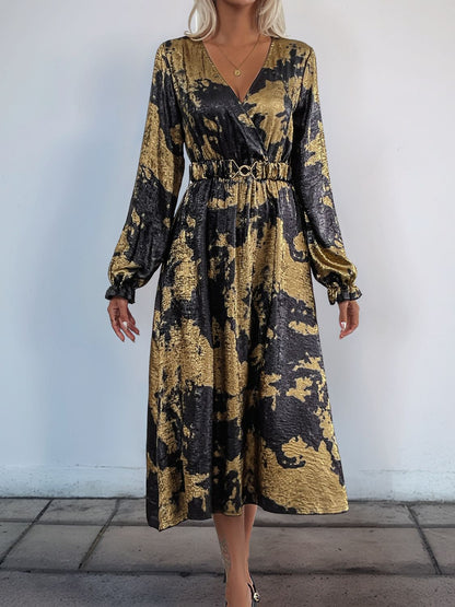 Printed Surplice Long Sleeve Midi Dress