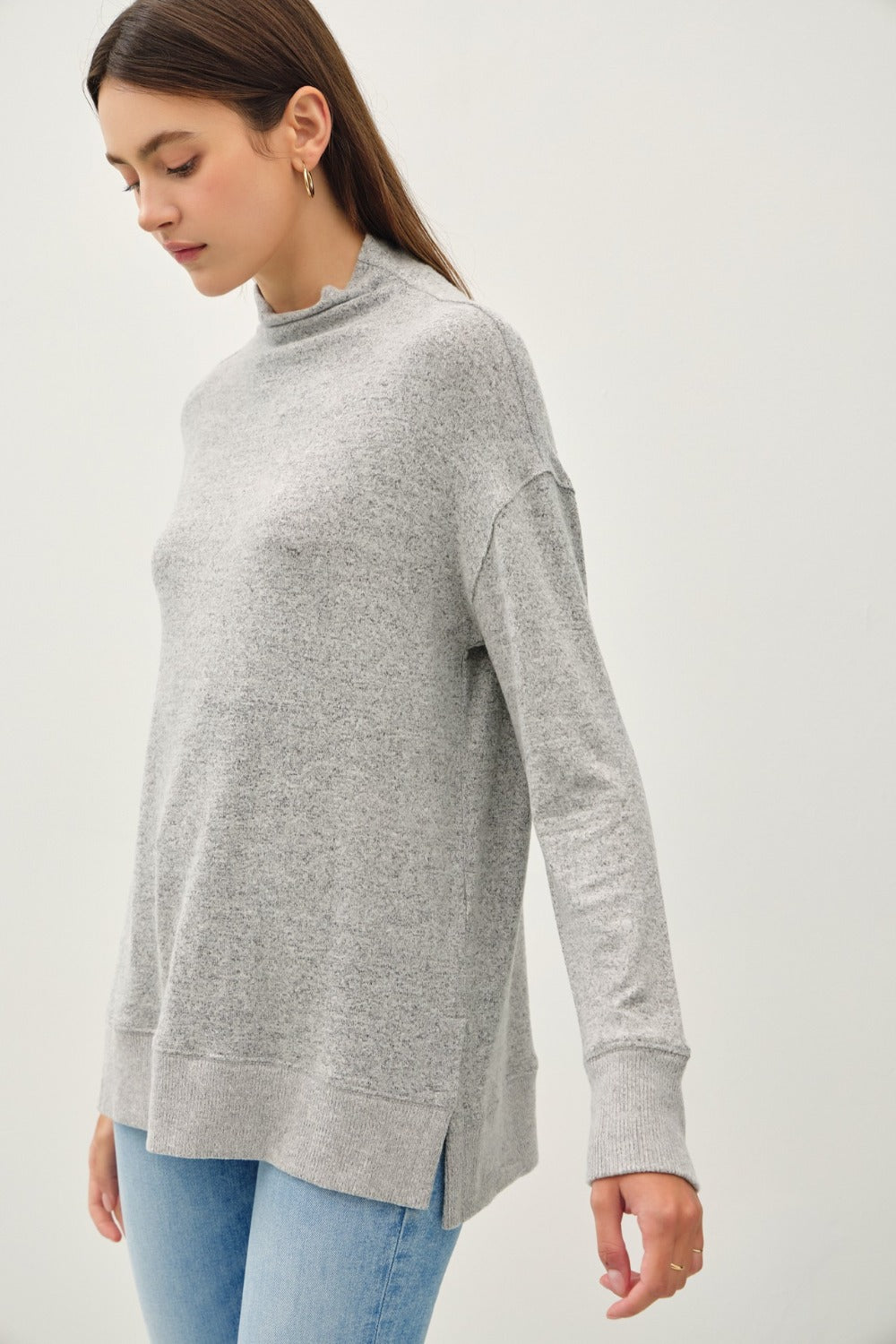 Side Slit Mock Neck Long Sleeve Tunic Top