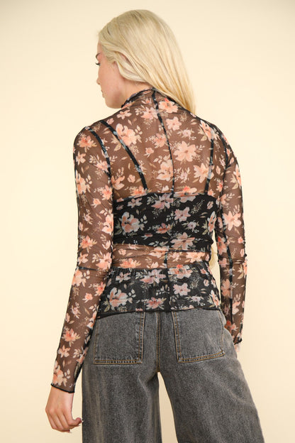 Floral Mock Neck Sheer Mesh Blouse