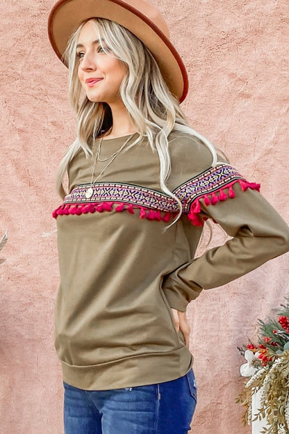 Ethnic Ribbon Tassel Trim Top