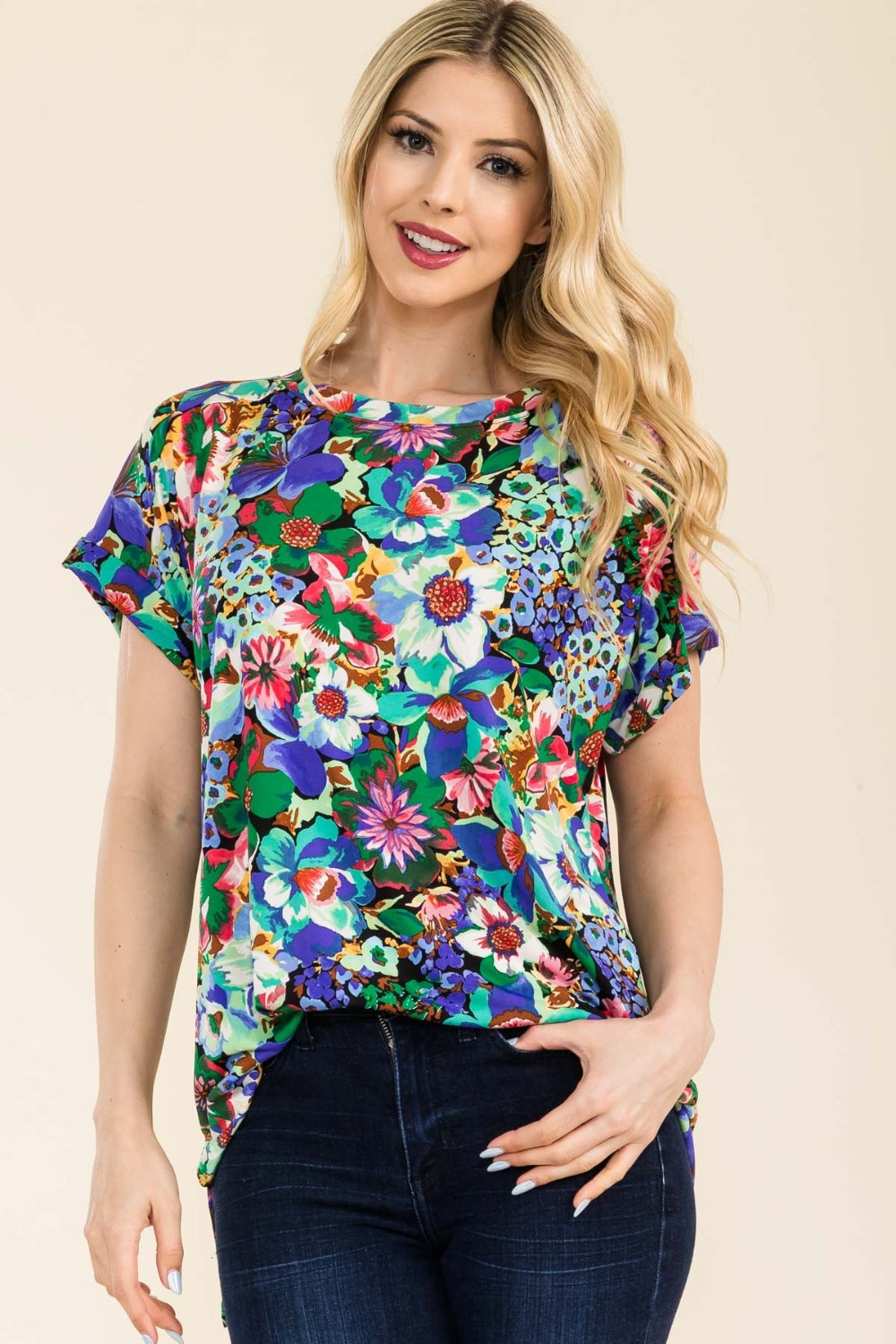 Round Neck Short Sleeve Floral T-Shirt