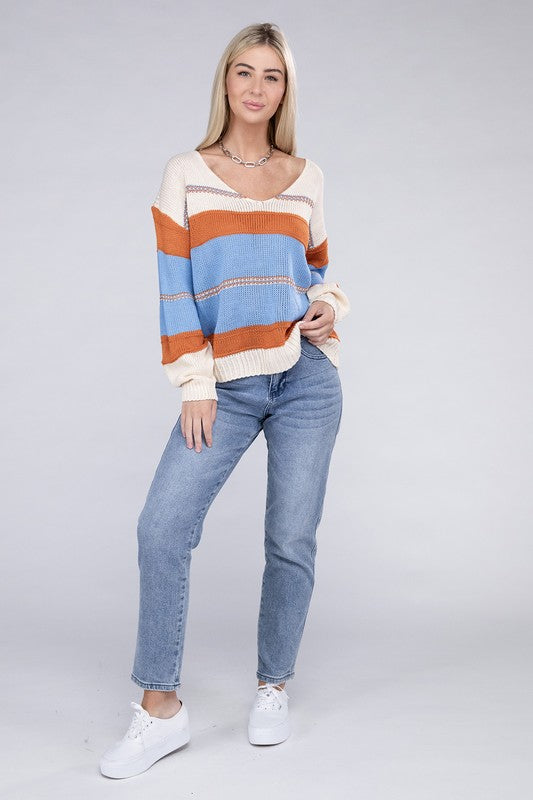 Striped pattern Knit  V Neck Sweater