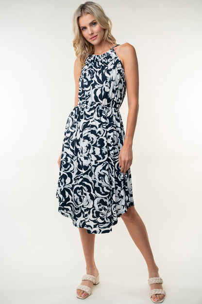 Tied Ruched Floral Sleeveless Knee Length Dress