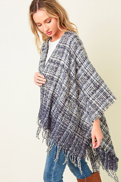 MULTI PLAID FRINGE PONCHO SHAWL