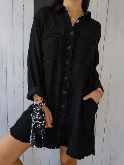 Raw Hem Button Up Long Sleeve Denim Top