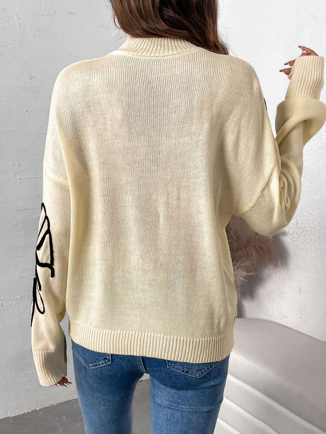 Mock Neck Dropped Shoulder Long Sleeve Sweater