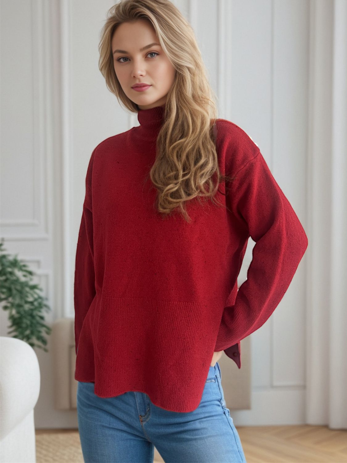 Side Slit Turtleneck Long Sleeve Sweater