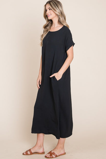 Round Neck Short Sleeve Midi Dress with Pockets