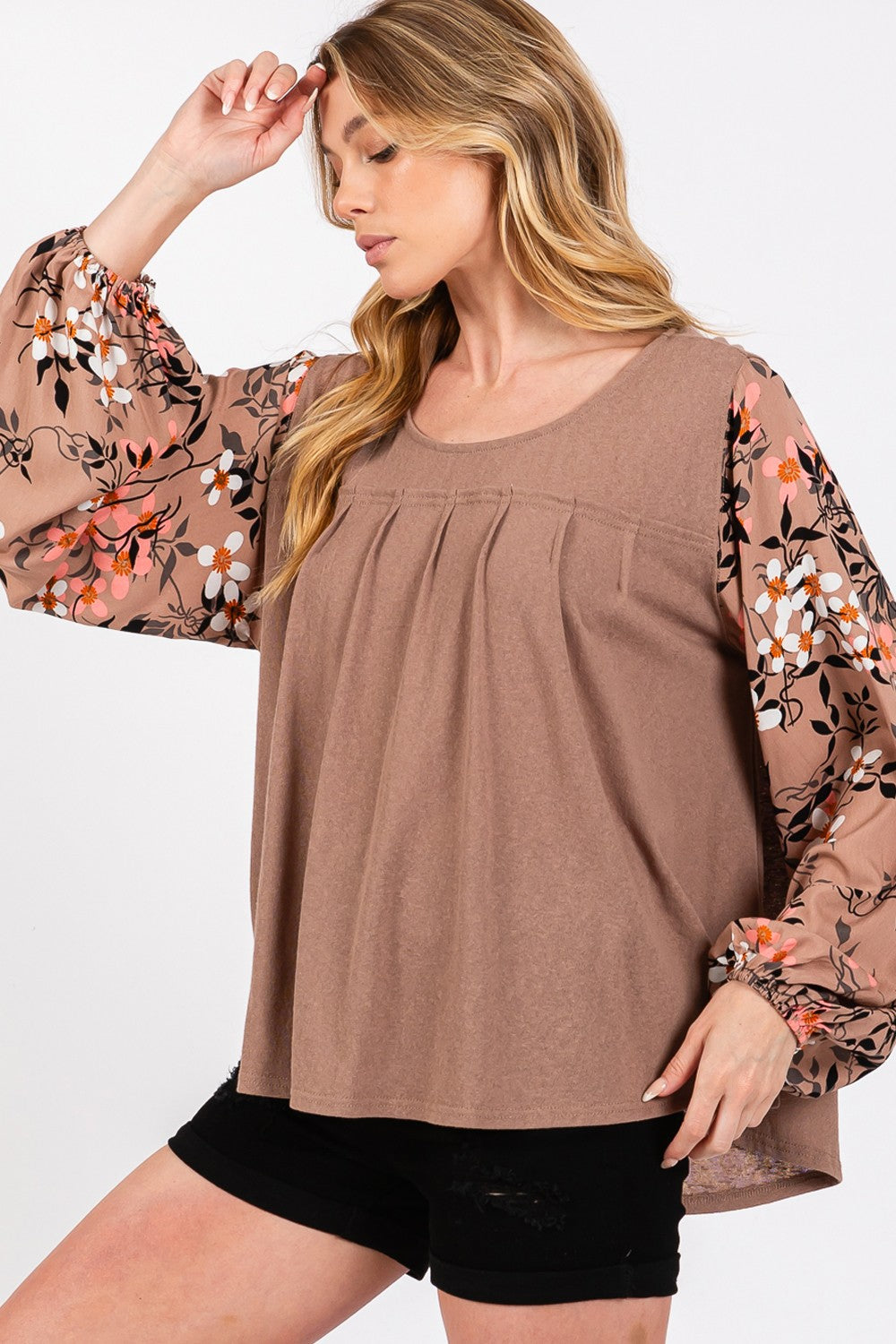 Floral Long Sleeve Front Pleated Detail Blouse