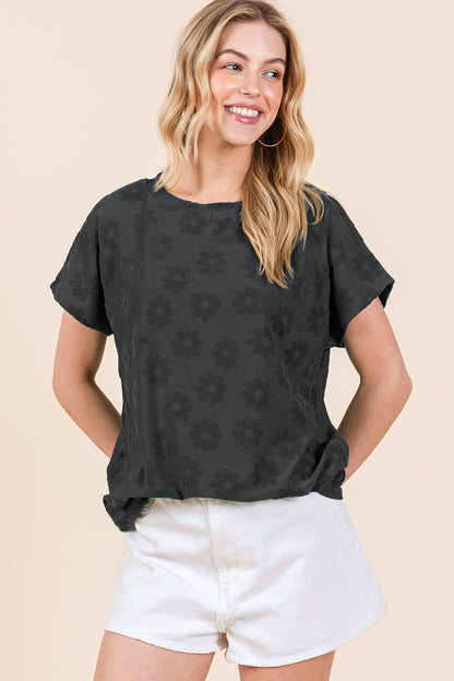 Textured Floral Pattern Short Sleeve T-Shirt