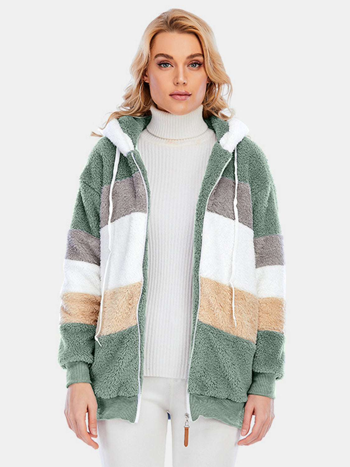 Drawstring Color Block Zip Up Hooded Outerwear