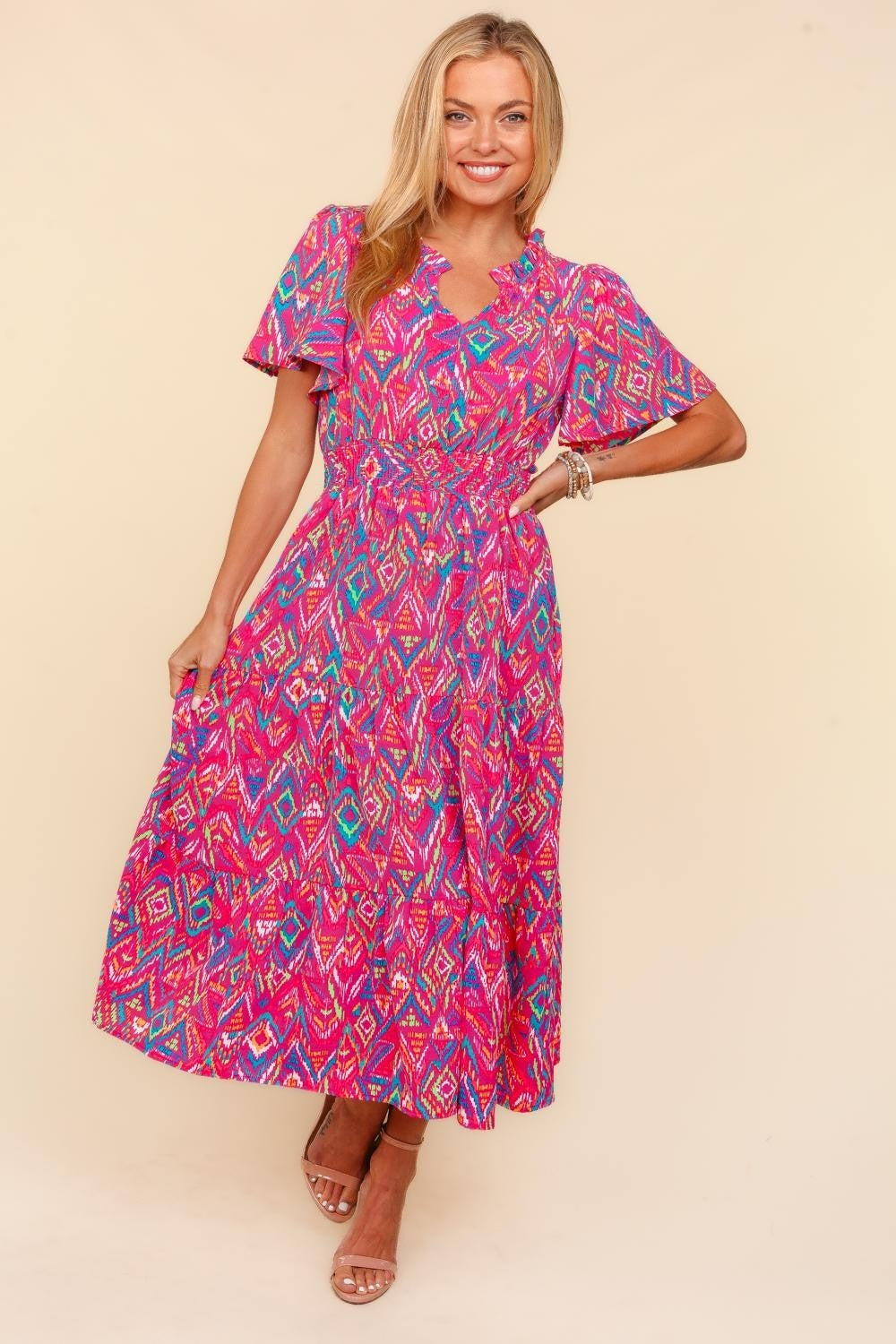 Abstract Print Smocked Waist Dress with Pockets