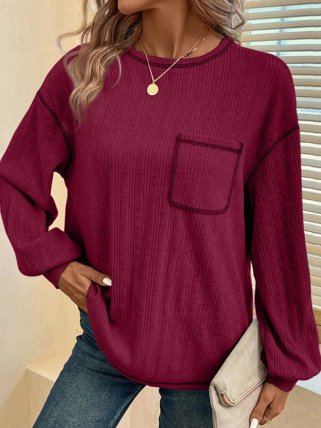 Contrast Stitching Round Neck Long Sleeve T-Shirt