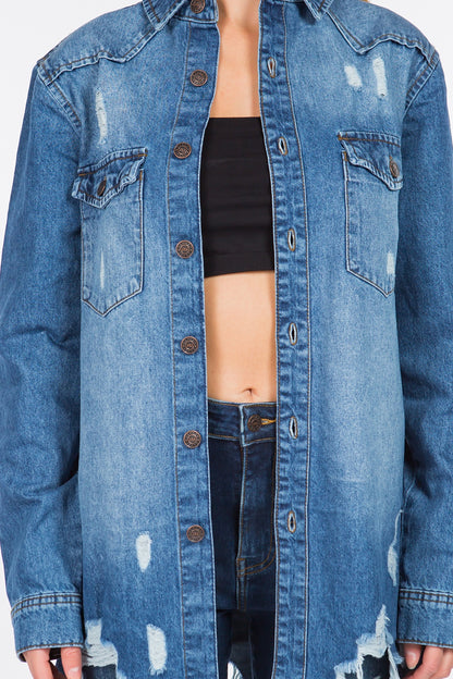 Distressed Frayed Hem Denim Jacket