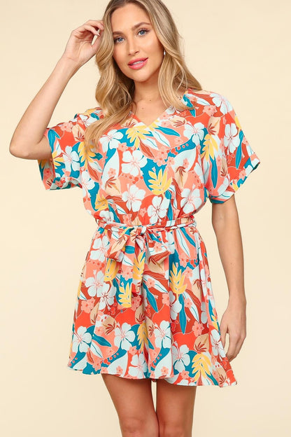 Tropical Floral Short Sleeve Tied Romper