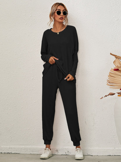 Round Neck Dropped Shoulder Top and Joggers Lounge Set