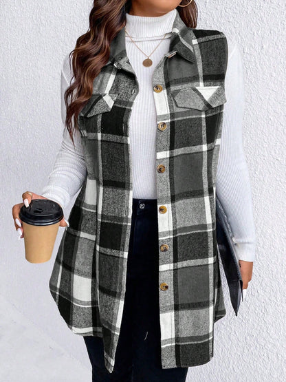 Plus Size Pocketed Plaid Button Up Vest Coat