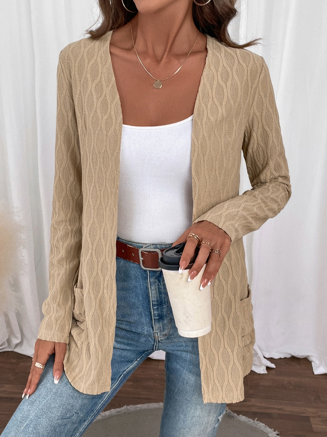 Open Front Long Sleeve Cardigan with Pockets