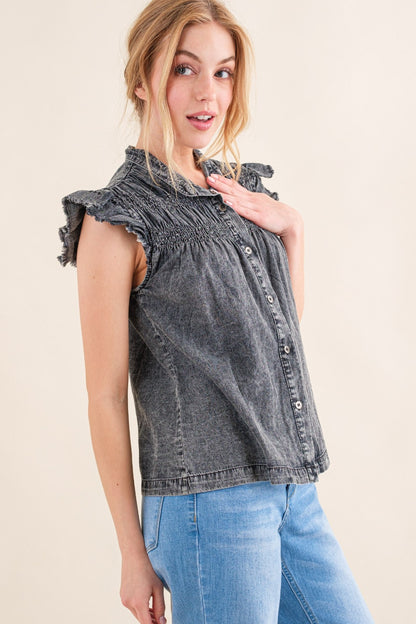 Ruffled Button Up Cap Sleeve Denim Top