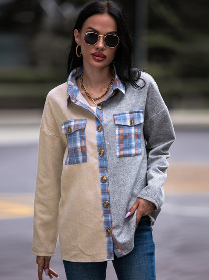 Shiny Plaid Contrast Drop Shoulder Shacket