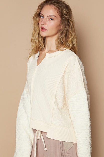 POL Waffle-Knit Notched Long Sleeve Knit Top