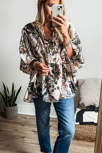 Printed Notched Flounce Sleeve Blouse