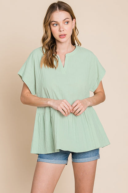 Ruched Notched Short Sleeve Blouse