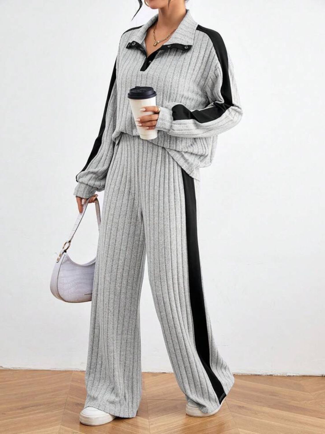 Contrast Collared Neck Long Sleeve Top and Pants Set