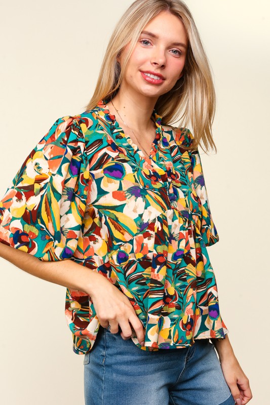 Haptics Frill Floral Puff Sleeve Peplum Blouse