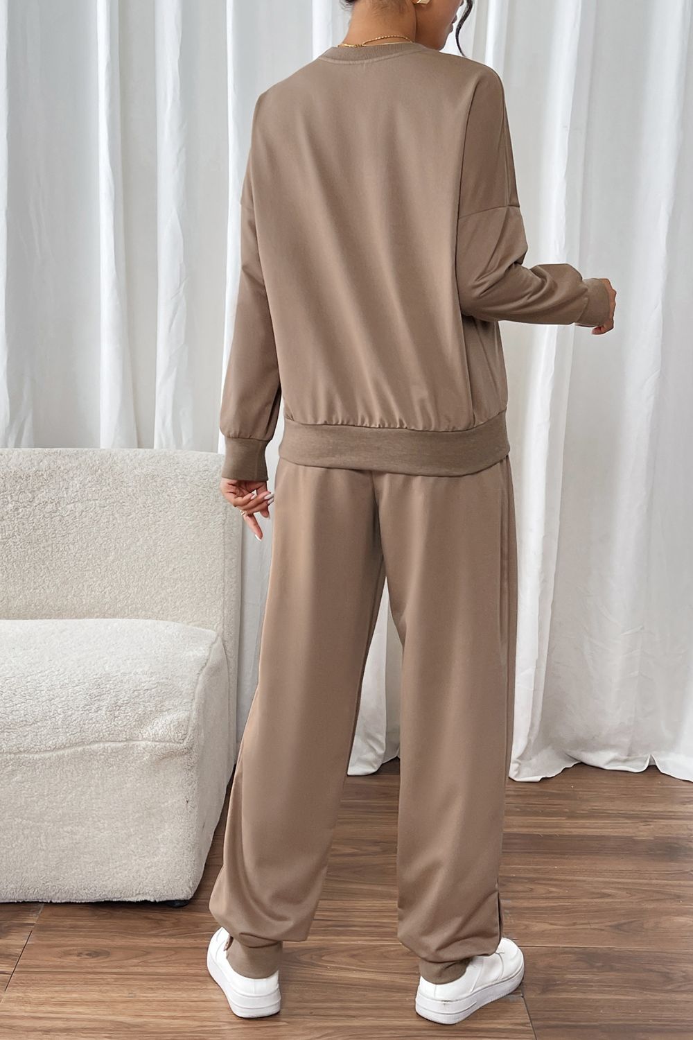 Round Neck Long Sleeve Top and Pants Set