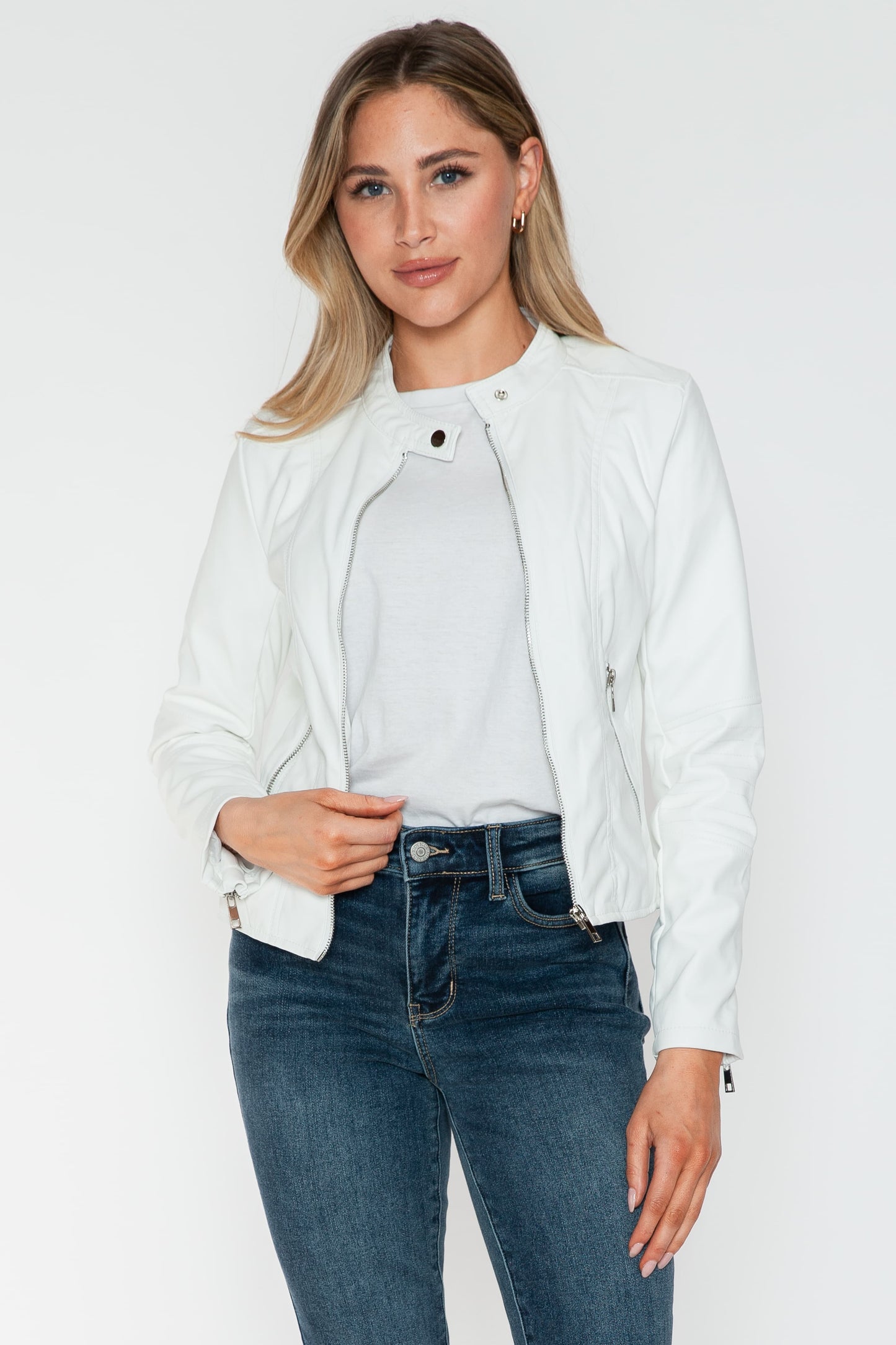 PU Leather Zip Up Jacket with Pockets