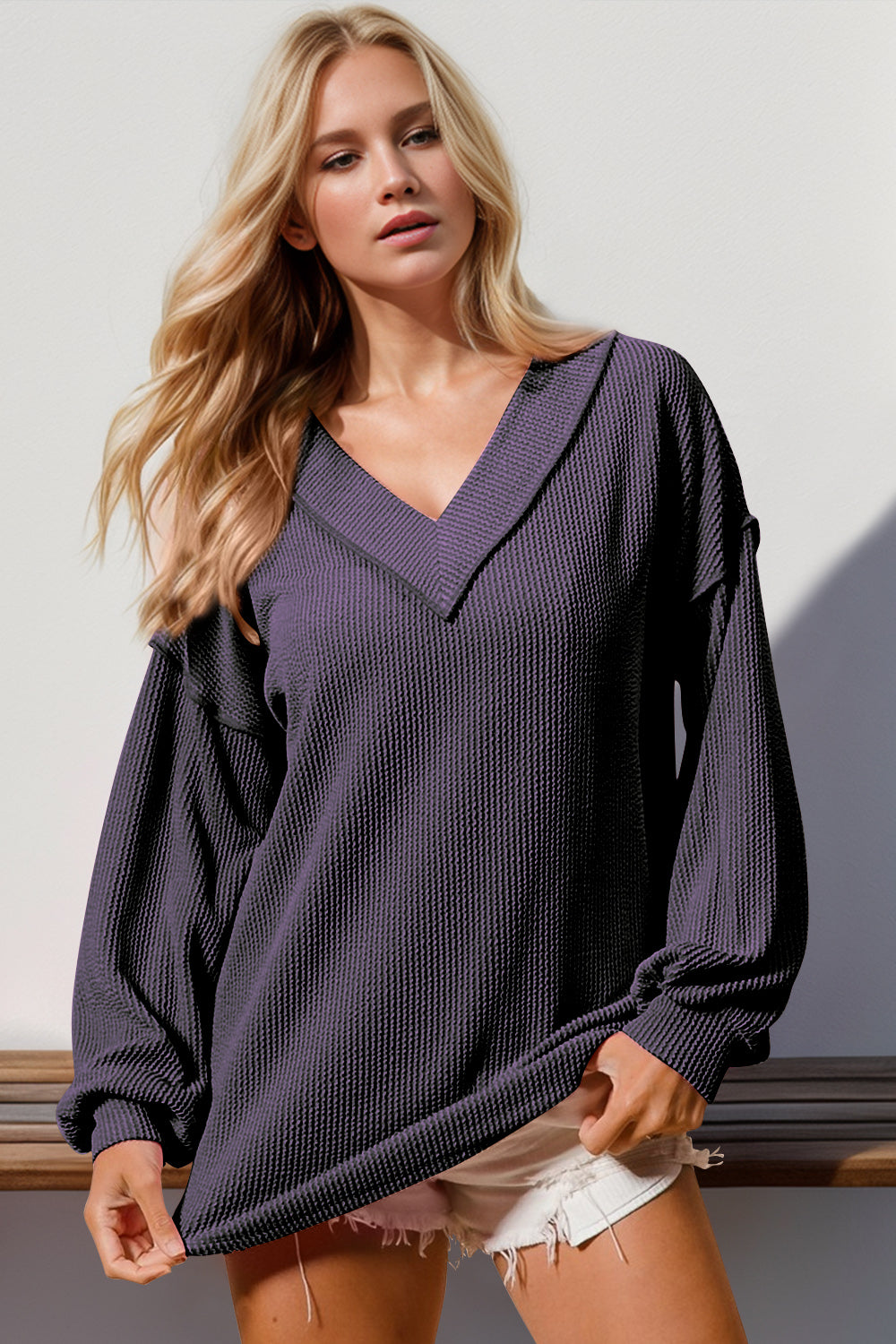 Exposed Seam Ribbed Textured V-Neck Long Sleeve T-Shirt