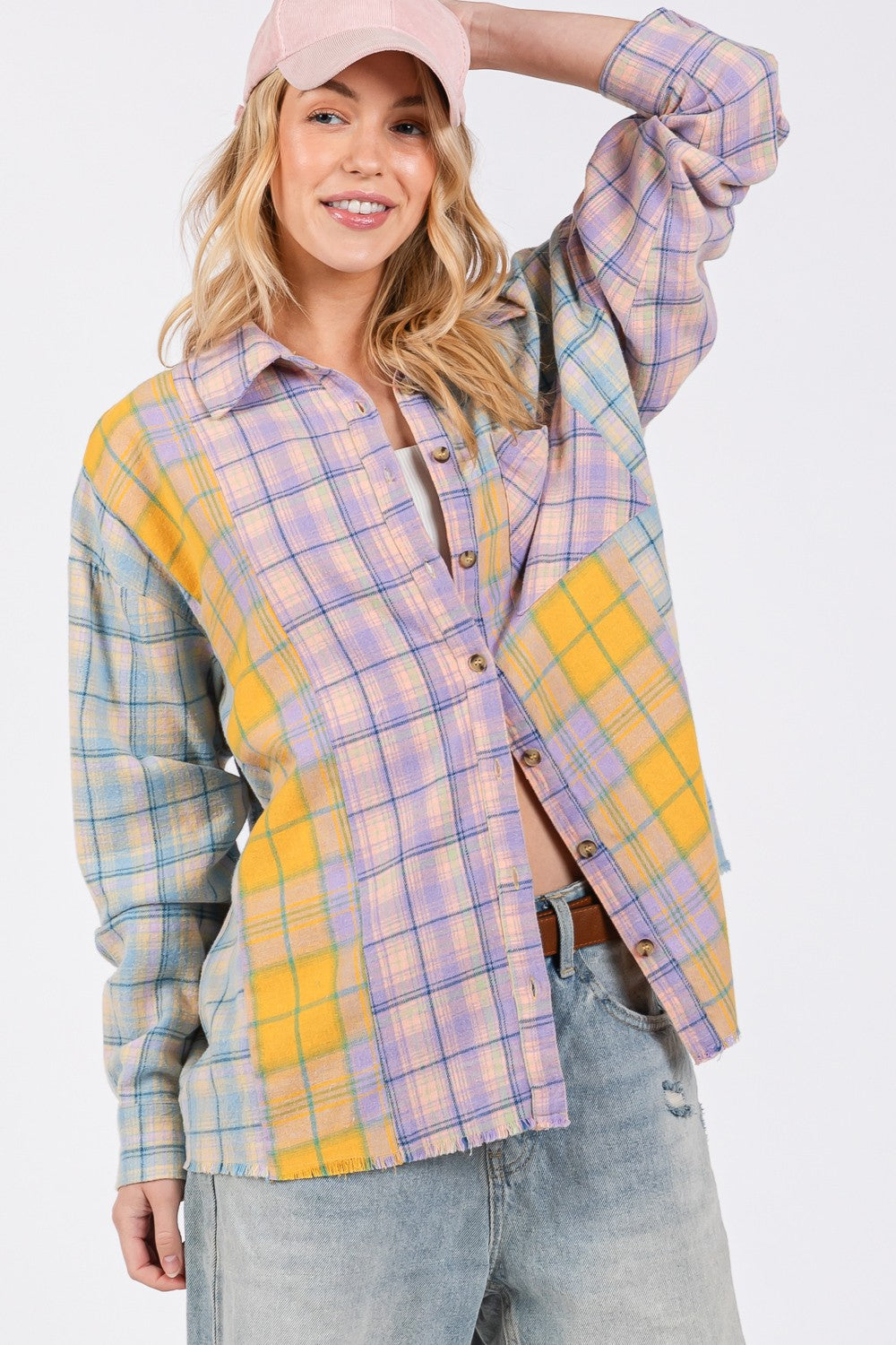 Button Up Raw Hem  Plaid Flannel Shirt