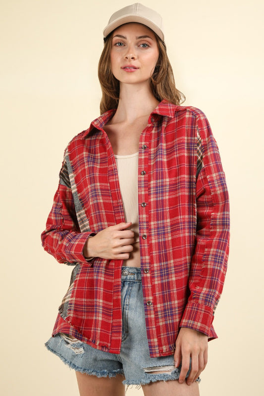 Contrast Plaid Raw Detail Shirt