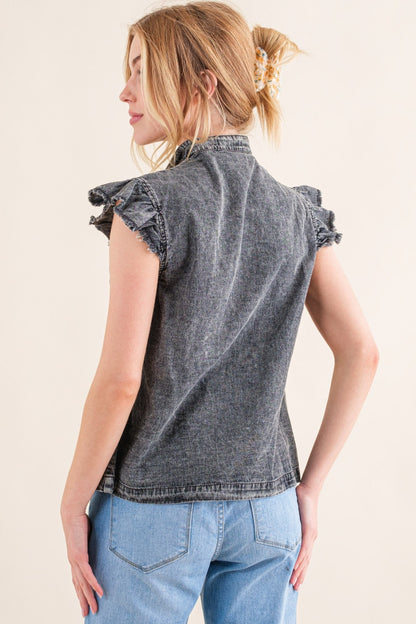 Ruffled Button Up Cap Sleeve Denim Top