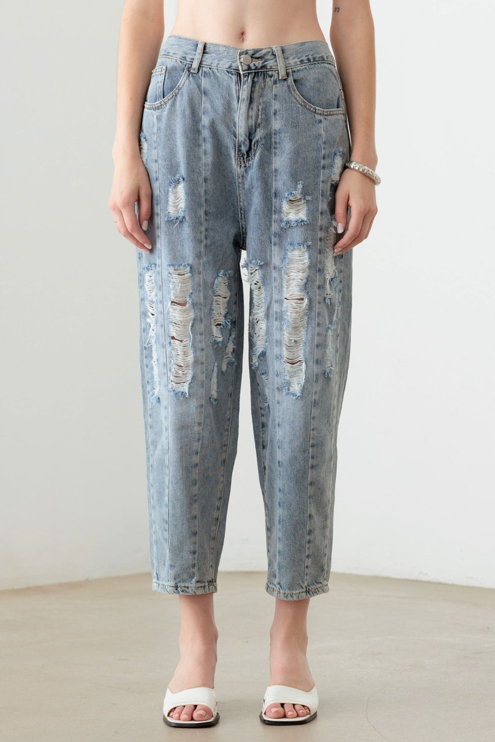 Washed Barrel Leg High Waist Distressed Jeans