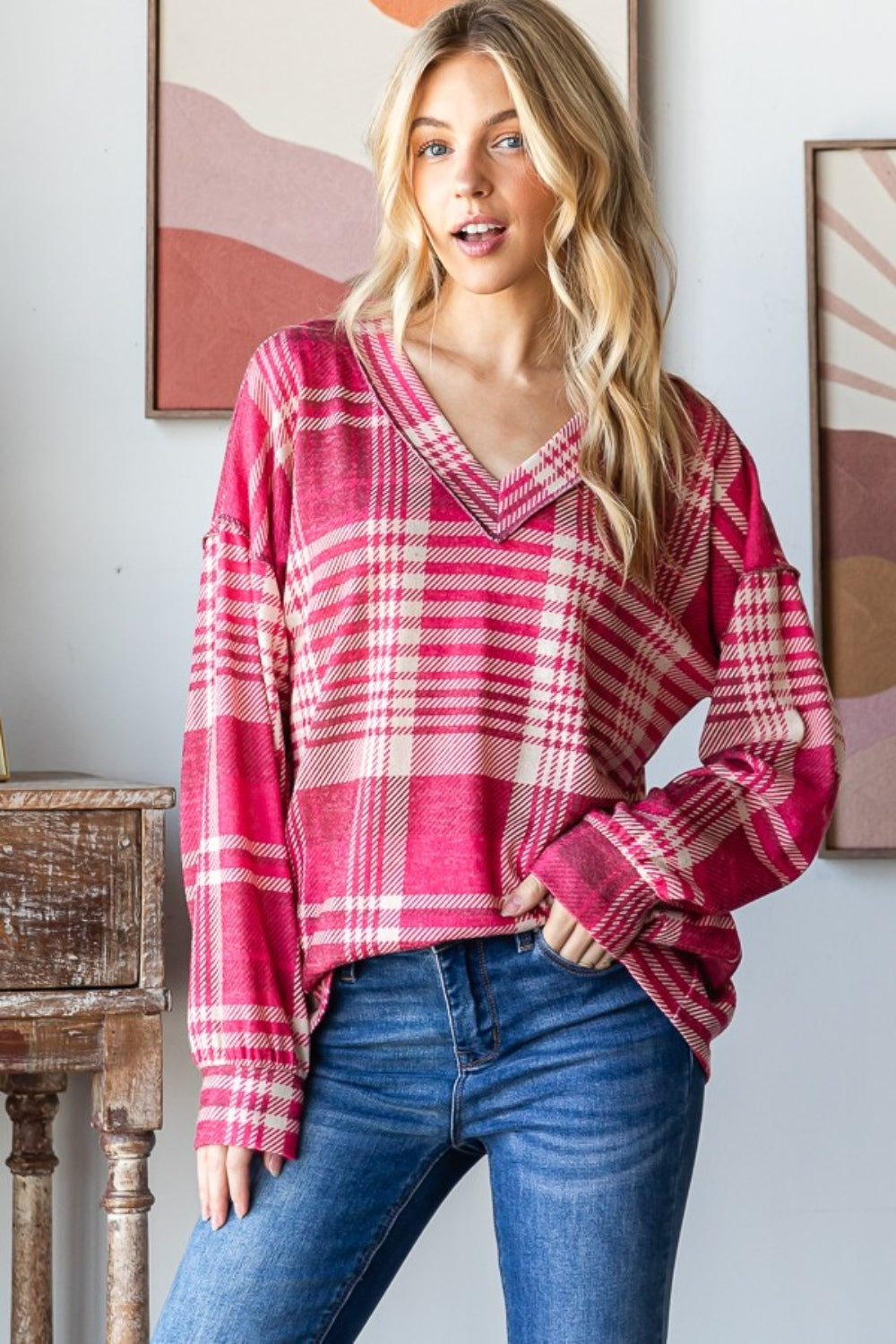 Plaid Drop Shoulder V-Neck T-Shirt